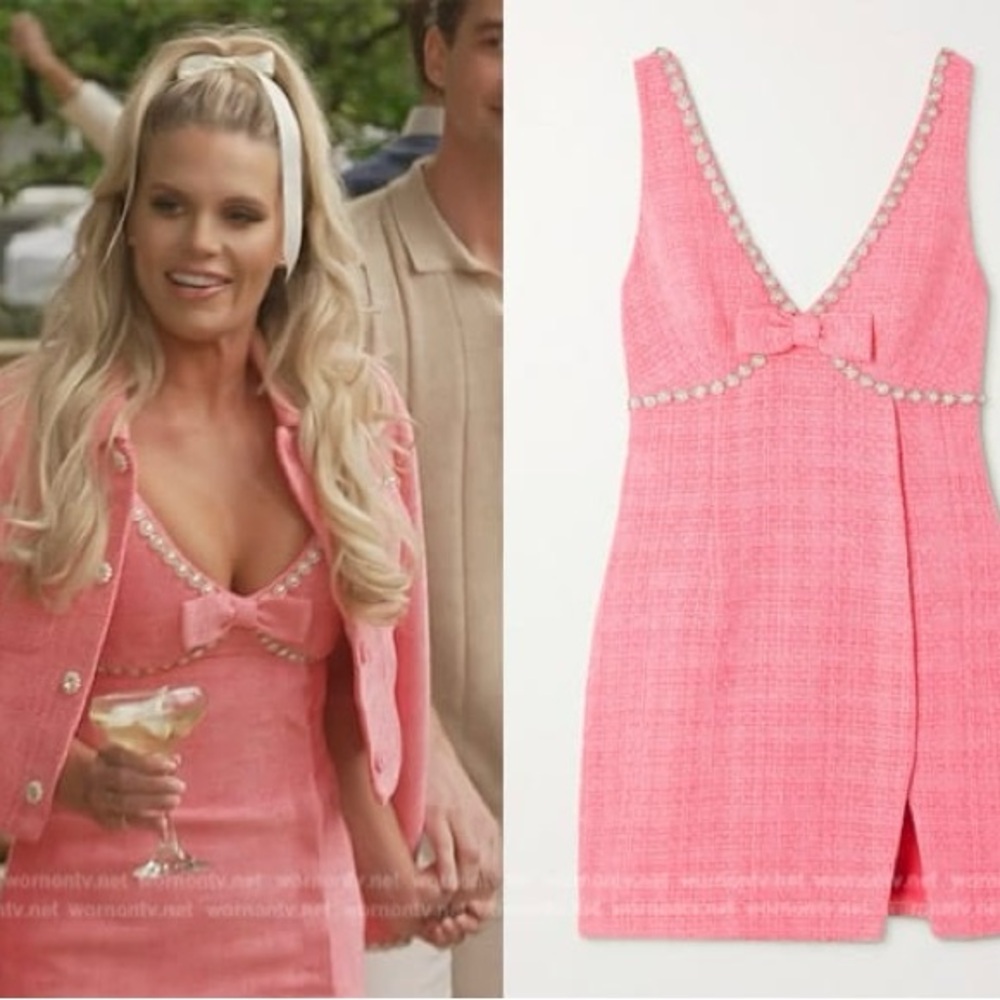 Pink Tweed Pearl-Trim Bow V-Neck Mini Dress
